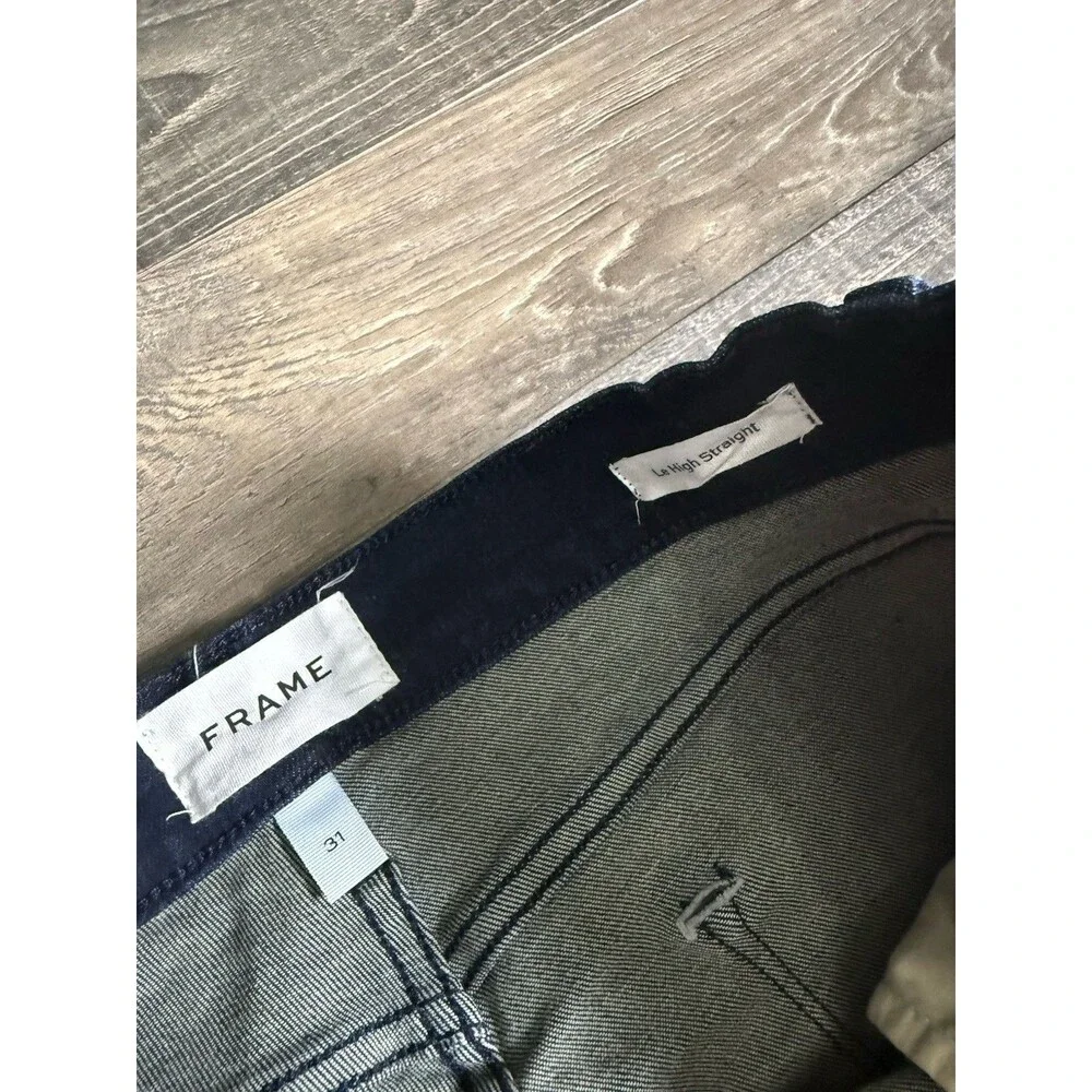 Frame Le High Straight Jeans Womens Porter Chew Dark Blue Distressed Hem 31